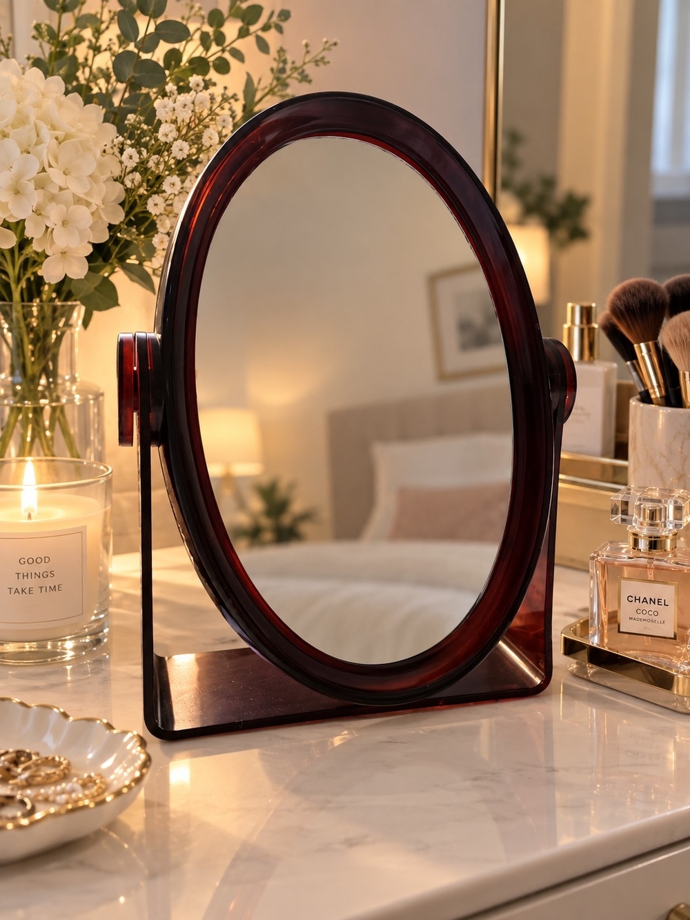 Vintage Smoky Brown Plastic 70s Oval Vanity Mirror 11" Tall + Magnifying Round
